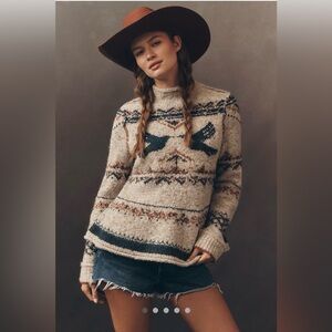 Anthropologie Pilcro Mock Neck Bird Sweater Wool Blend Long Sleeve Small NEW